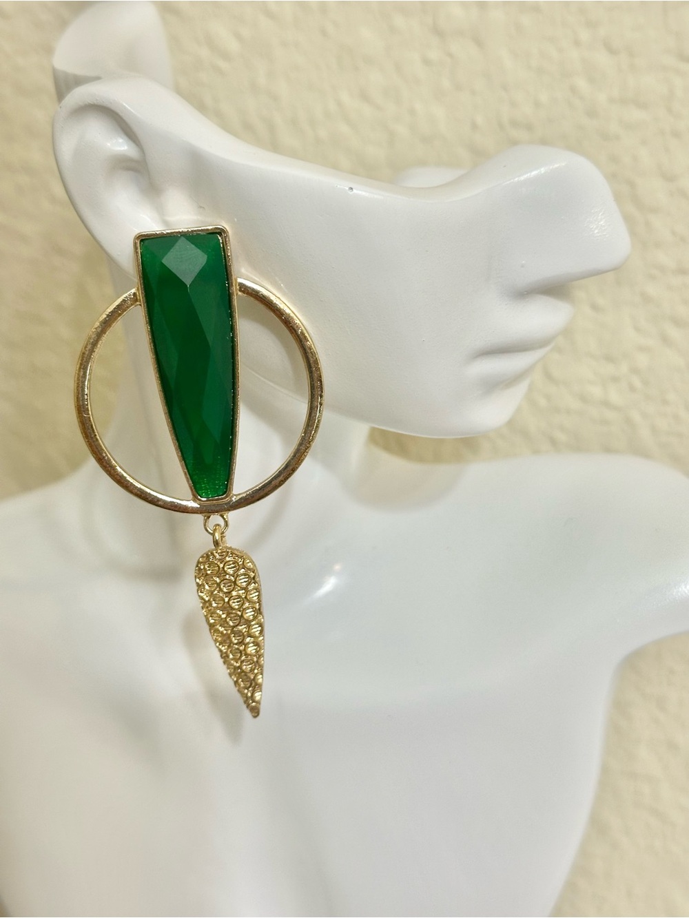 3” Gold and Green Statement Drop Earrings